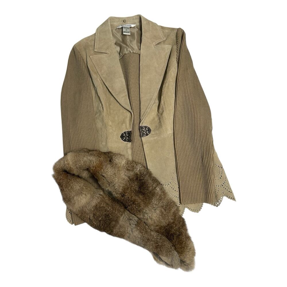 Peter Nygard Collection Petites Suede Jacket S Removable Fur Collar Knit Sleeves - Picture 4 of 16